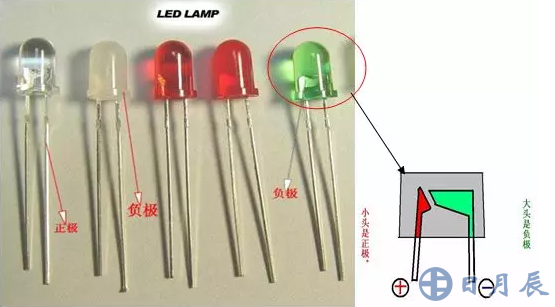 發(fā)光二極管長腳為正，短腳為負(fù)。