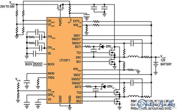 Linear Technology 的 LTC3871 的雙向應(yīng)用示意圖